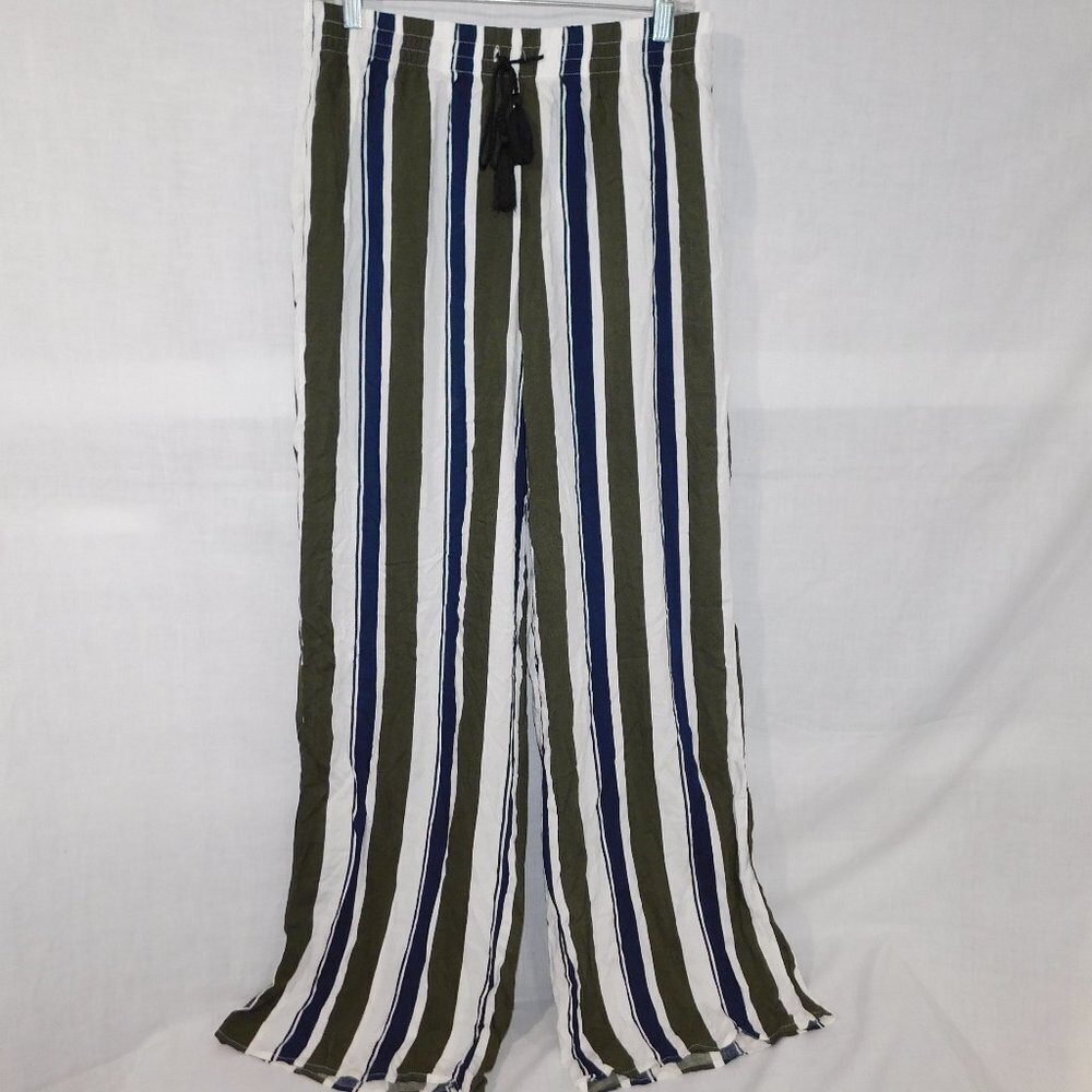 Revamped High Waisted Flowy Wide Leg Green Blue White Striped Pants Womens XL